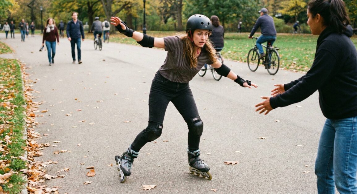 An image of a skating beginner learning how to balance on skates.