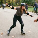 An image of a skating beginner learning how to balance on skates.