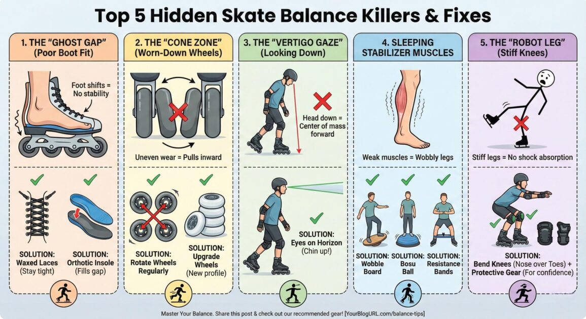 An infographic image for how to properly balance on skates, mistakes and fixes.