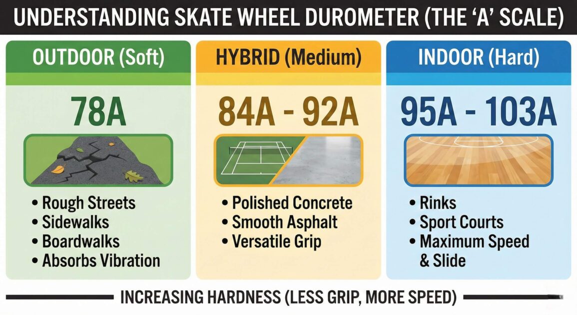 An infographic image showing skate wheel (durometer) for outdoor(soft), hybrid(medium) and indoor(hard).