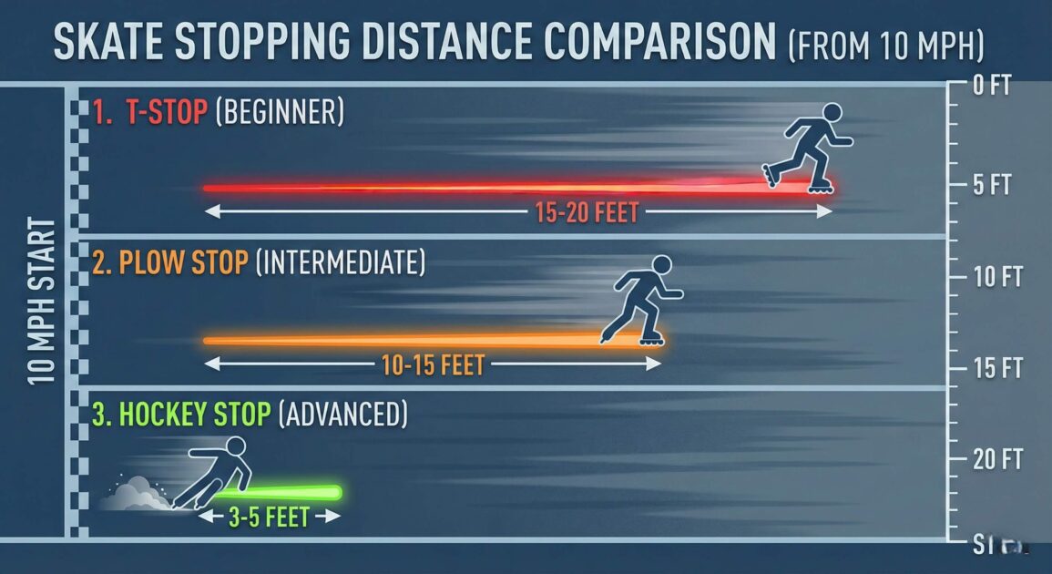 An infographic image showing the stopping distances for the T-STOP(Beginner), PLOW STOP(Intermediate) and HOCKEY STOP(Advanced)