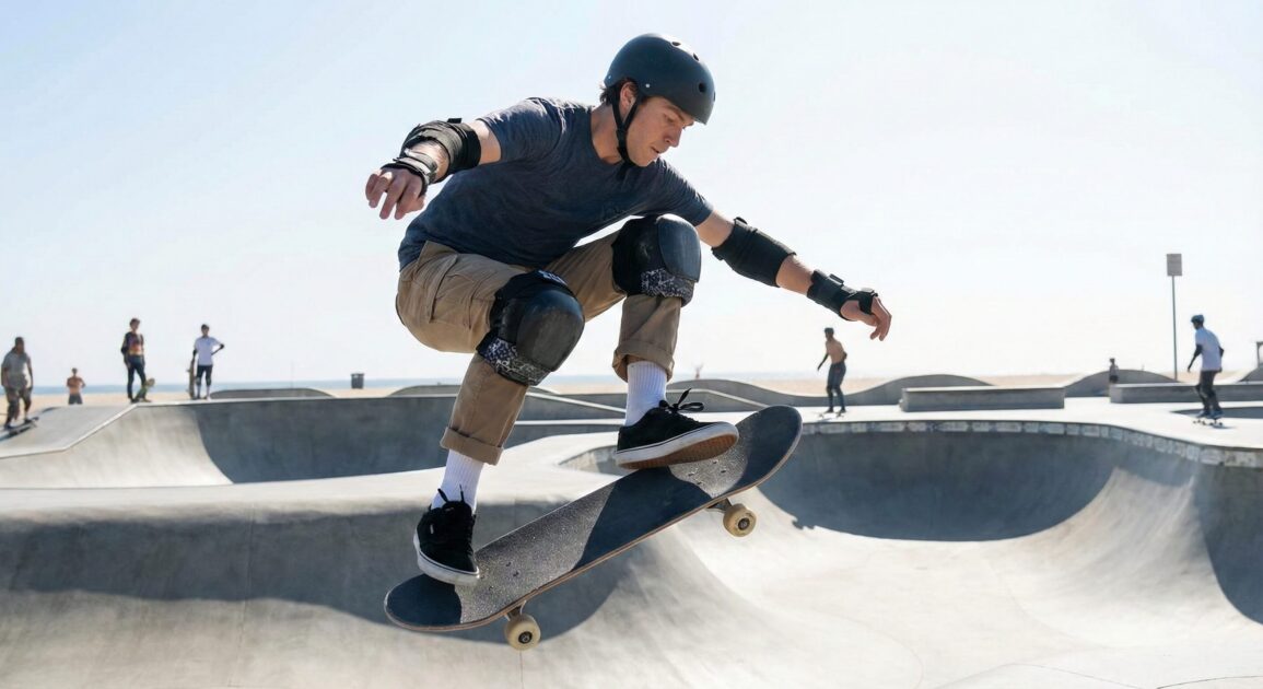 An image of a skate boarder mid-air improving their skating skills.
