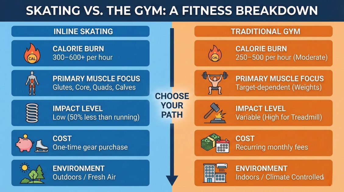 An infographic image showing the difference between skating for fitness and traditional gym fitness in terms of calories burnt, impact level, cost and primary muscle focus