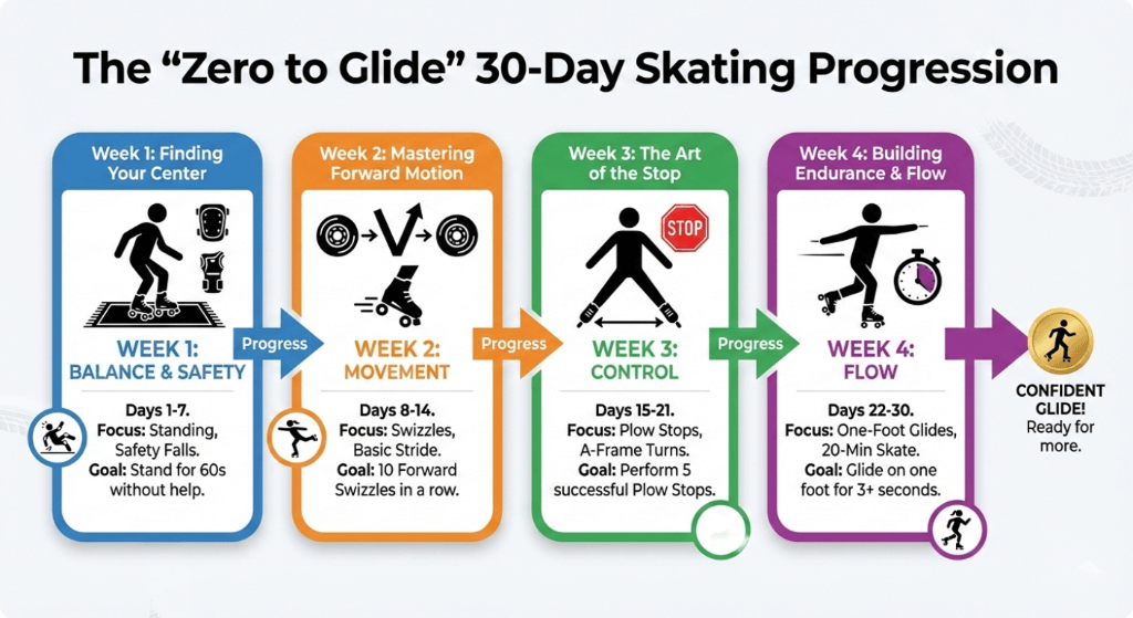 An infographic blueprint image showing a beginners journey learning how to skate in 30 days