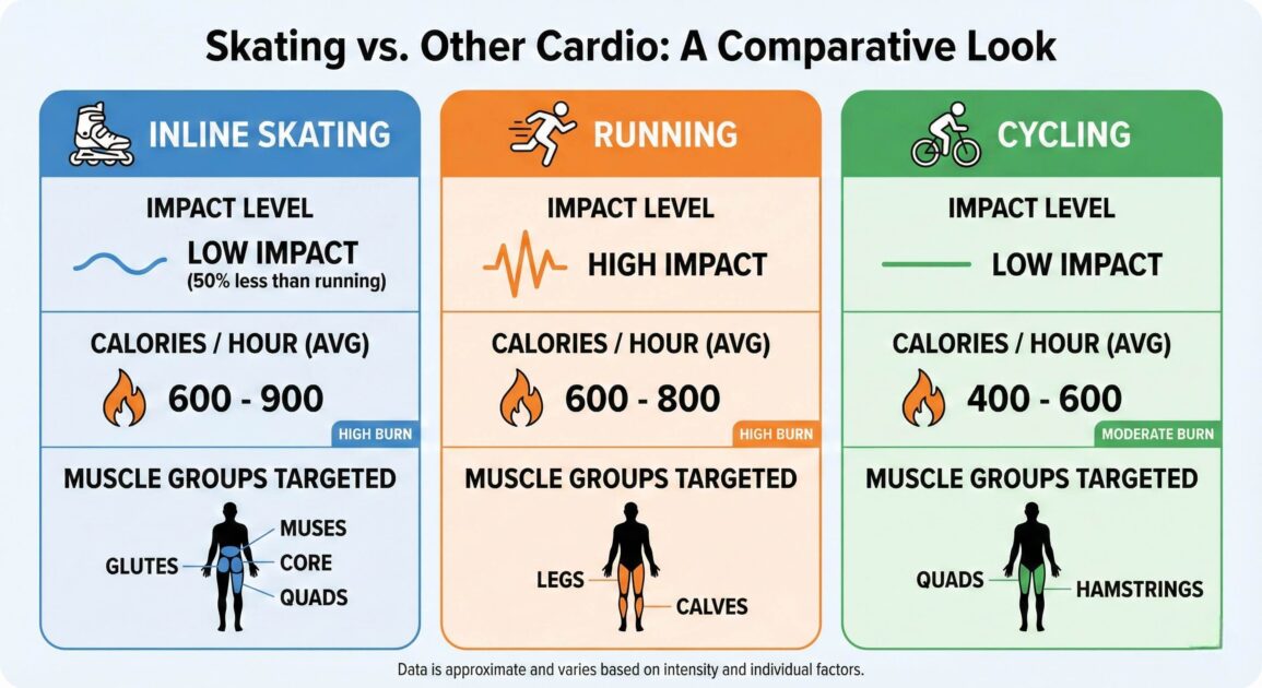 An infographic image showing the number of calories burnt while inline skating vs running and cycling