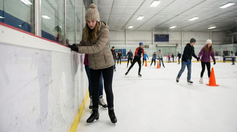 An image showing a beginner ice skater on ice skates in an ice rink.