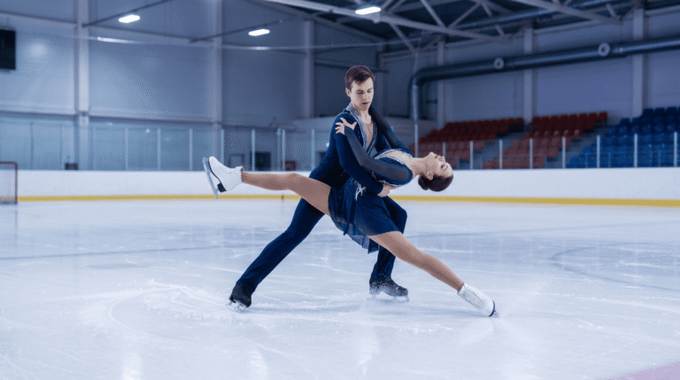 Couple figure skate dancing in an ice rink